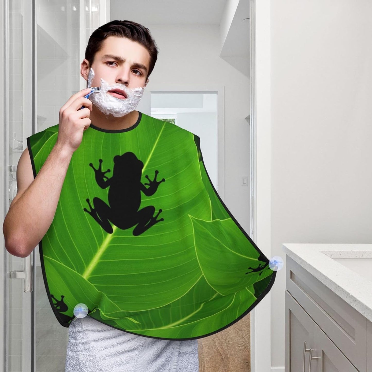 Strong Suction Cup Beard Grooming Bib, Non-Stick Hair Catcher, Waterproof, for Shaving, Green Leaf Frog