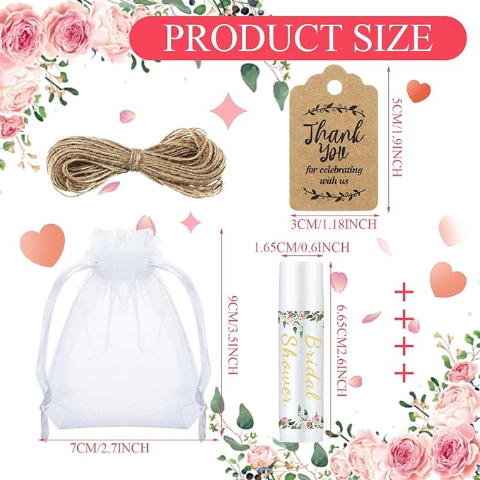 Demissle 50 Pcs Bridal Shower Lip Balm Gift Set with 100 Pcs Organza Bags Thank You Tags 20 Meters Rope wedding Party Favor for Guest Favors Gift Party Decoration Souvenirs(Floral)