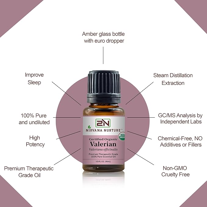 Valerian Essential Oil USDA Certified Organic 100% Pure Premium Therapeutic Grade, Undiluted - Aromatherapy Diffuser for Calm and Relaxation, Skin Care, Hair Care