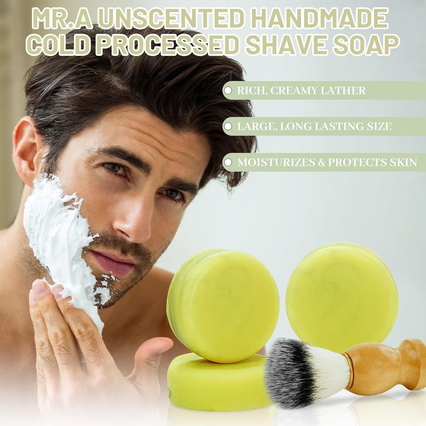 3Pack Shaving Soap for Men, Shaving Soaps Puck for Sensitive Skin, Unscented Shave Soap Bar, Rich Lasting Lather, Light Natural Scent