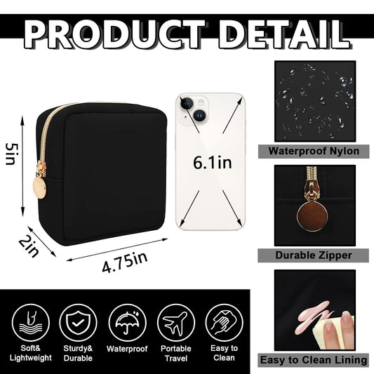 Waterproof Mini Makeup Bag for Purse,Small Cosmetic Pouch Nylon Travel Toiletry Organizers Bag for Women Girls,Cute Zipper Preppy Coin Purse for Work(Mini-Black)