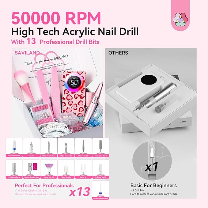 SAVILAND Electric Nail Drill Professional: 50000 RPM Electric Nail File Rechargeable Cordless Nail Drill Kit with Ceramic Drill Bits for Quick Acrylic Nail Removal Ambient Light Leopard Heart Print