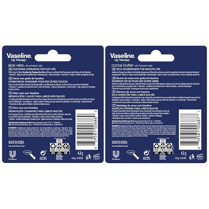 Vaseline Lip Therapy Variety 4-Pack – Cocoa Butter + Aloe Vera Moisturizing Lip Balm with Vitamin E, 0.16 Oz Ea