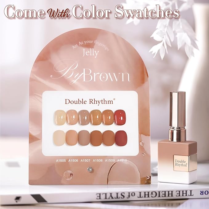 Double Rhythm 6 Pcs 15 ML Gel Polish Set Same Color Same Bottle Soak Off Gel Polish Kit Nail Art Manicure Salon DIY at Home for Women (Translucent Milky Brown Nude Orange Rose Red-T6-1)