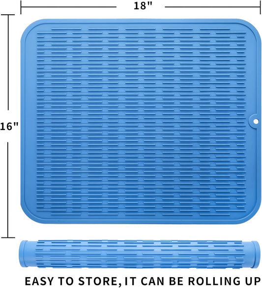 Silicone Dish Drying Mat for Multiple Usage,Easy clean,Eco-friendly,Heat-resistant Silicone Mat for Kitchen Counter or Sink,Refrigerator or Drawer Liner Lichen BlueL 2XL 24 inches x 18 inches
