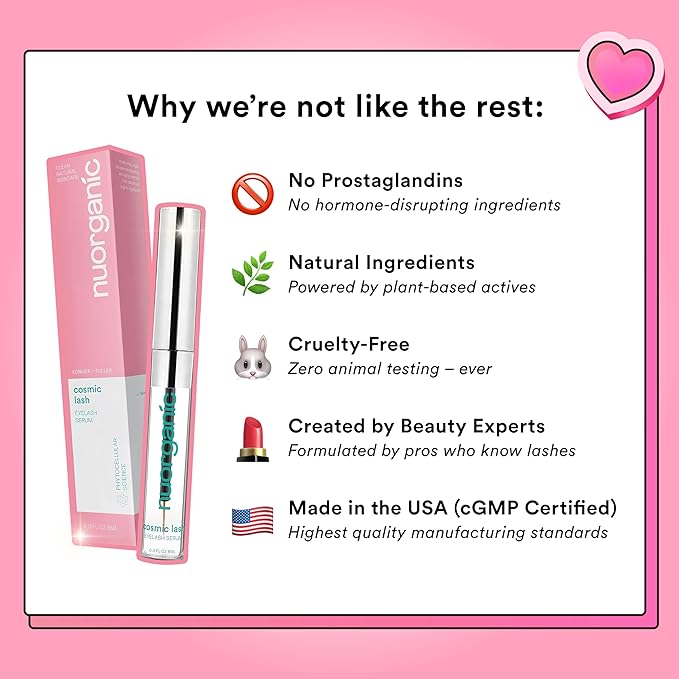 nuorganic Cosmic Lash Serum Without Prostaglandins | Eyelash Growth Serum for Thicker, Longer, More Defined Lashes | 4-Month Supply XL Size | Made in USA | cGMPA Certified Lab | 8ml