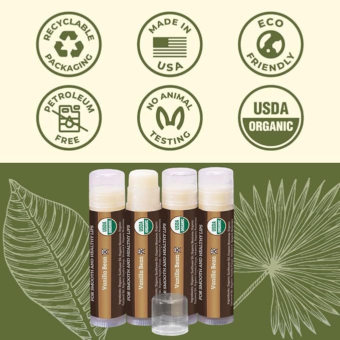 USDA Organic Lip Balm 4-Pack by Earth's Daughter - Vanilla Flavor, Beeswax, Coconut Oil, Vitamin E - Best Lip Repair Chapstick for Dry Cracked Lips.