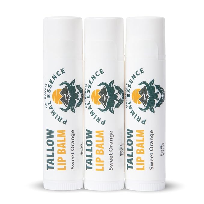 Moisturizing Tallow Lip Balm – Grass-Fed Beef Tallow with Organic Coconut Oil, Beeswax, and Vitamin E – Sweet Orange – Lip Balm Set – Travel Essential – 3-Pack