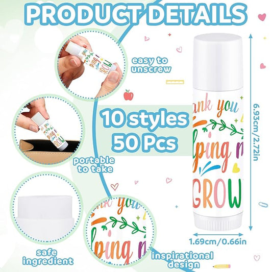 Dunzy 50 Pcs Thank You Gift Lip Balm Bulk Baby Shower Party Favors Bridal Shower Favor Lip Care with Assorted Fruit Flavors Thank You Lipstick for Guest Basket Gift Stuffer (Teacher)