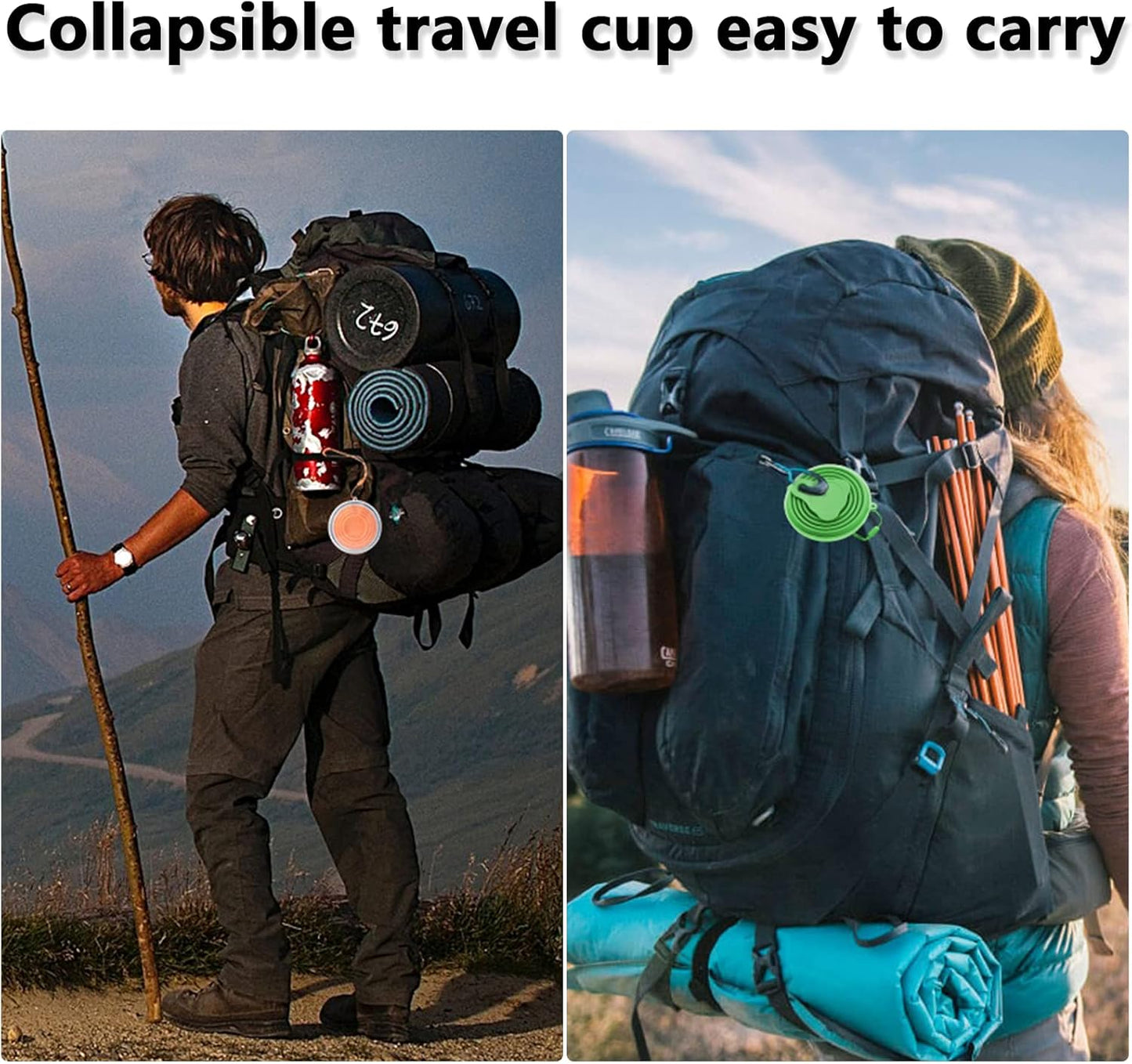 Litoexpe 2 Pack Silicone Collapsible Travel Cup Portable Folding Camping Cup Sets with Lids, Grey & Green