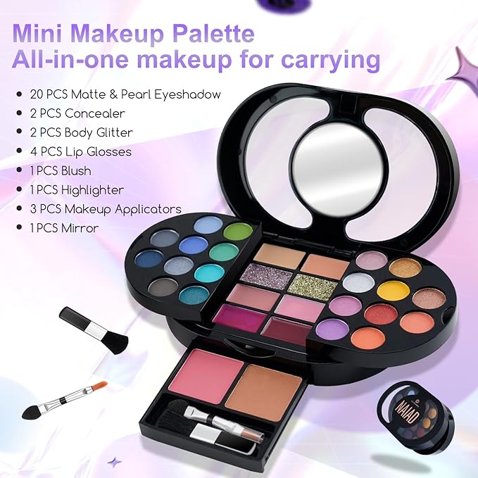 Color Nymph Travel Makeup Palette with Mulit-Colors Eyeshadows,Concealer, Body Glitter,Lip Glosses,Blush,Highlighter,Makeup Applicators And Mirror