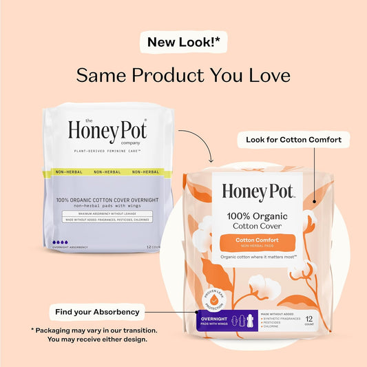 The Honey Pot Company - Sanitary Pads for Women - Non-Herbal Overnight w/Wings - Organic Cotton Cover, & Ultra-Absorbent Pulp Core - Feminine Care - 12 ct