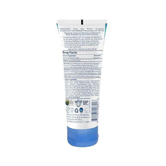 SPF 45 Every Day Active Mineral Sunscreen | 2.5 Fl Oz Biodegradable & Reef Safe Sunscreen for Face & Body | Non-Greasy, Lightweight & Sheer Mineral Protection Against UVA & UVB by Stream2Sea
