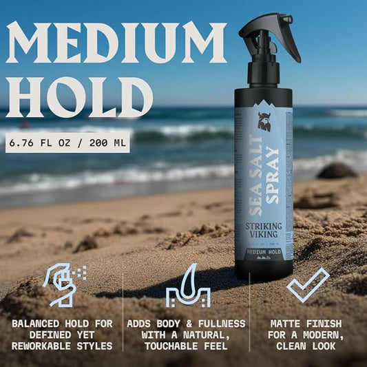 Striking Viking Sea Salt Spray for Men - Medium Hold - 6.76 Fl Oz (200ml) Blue Ocean Scent - Texturizing, Volumizing & Curl Enhancing - Beachy Texture Salt Spray for Hair