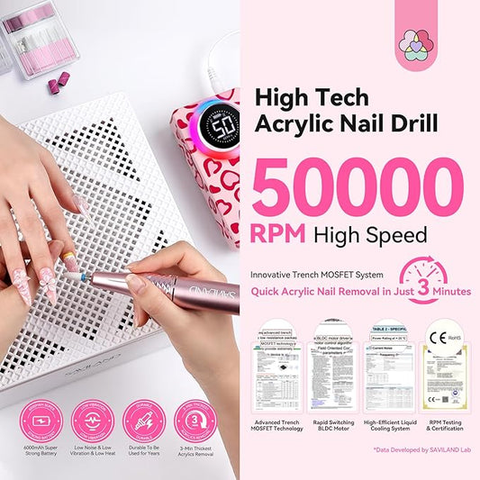 SAVILAND Electric Nail Drill Professional: 50000 RPM Electric Nail File Rechargeable Cordless Nail Drill Kit with Ceramic Drill Bits for Quick Acrylic Nail Removal Ambient Light Leopard Heart Print