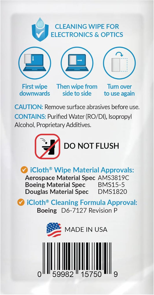 iCloth Large Screen Cleaning Wipes for Electronics, Lint-Free and Streak-Free, Fast-Drying, Removes Dust, Fingerprints, and Smudges (100 Wipes)