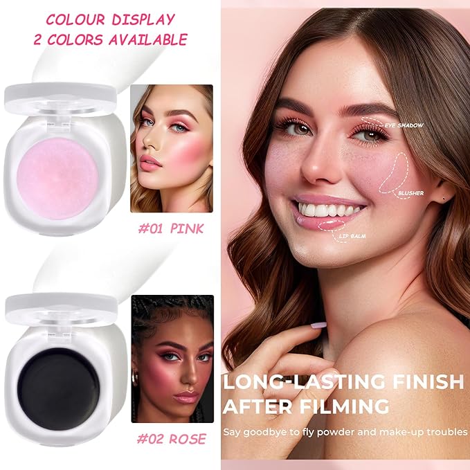 Cream Blush Makeup, Natural Pink/Black Glossy Face Blusher, Color Changing Cream Blush for Cheek and Lip Tint, Blendable Formula, Matte and Dewy Finish Lightweight Blush Makeup (Pink Glitter, One)