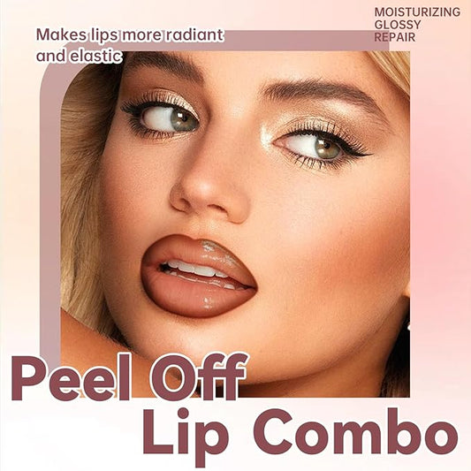 Dark Brown Peel Off Lip Liner Stain Tattoo with Nude Lip Gloss Glow Oil, Non-Stick Cup High Shine Lip Combo Waterproof Long Wear Lightweight Glossy Lipstick Makeup