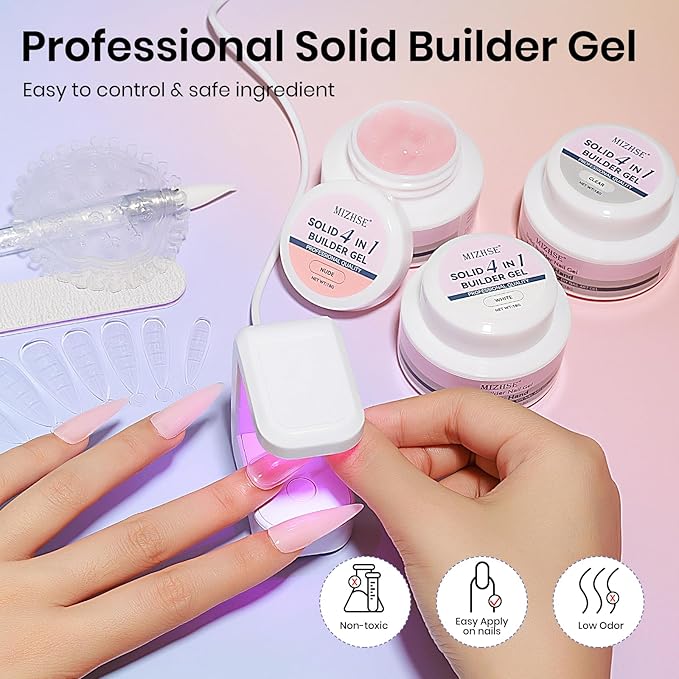 MIZHSE Solid Builder Gel Nail Kit with Nail Lamp, 3 Colors Builder Gel Clear Milky White Nude Hard Sculpting 3D Art U V LED Gels with Dual Form