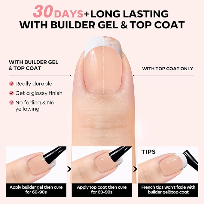 modelones French Tip Press on Nails, Short Square Fake Nails with Nail Box, Nude Gel Nail Tips for Women, Soft Glue-On Nails for Natural Salon Look, DIY Nail Art Kit