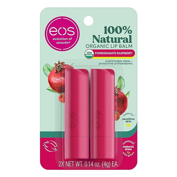 eos 100% Natural & Organic Lip Balm- Pomegranate Raspberry, Dermatologist Recommended, All-Day Moisture Lip Care, 0.14 Oz, 2 Pack