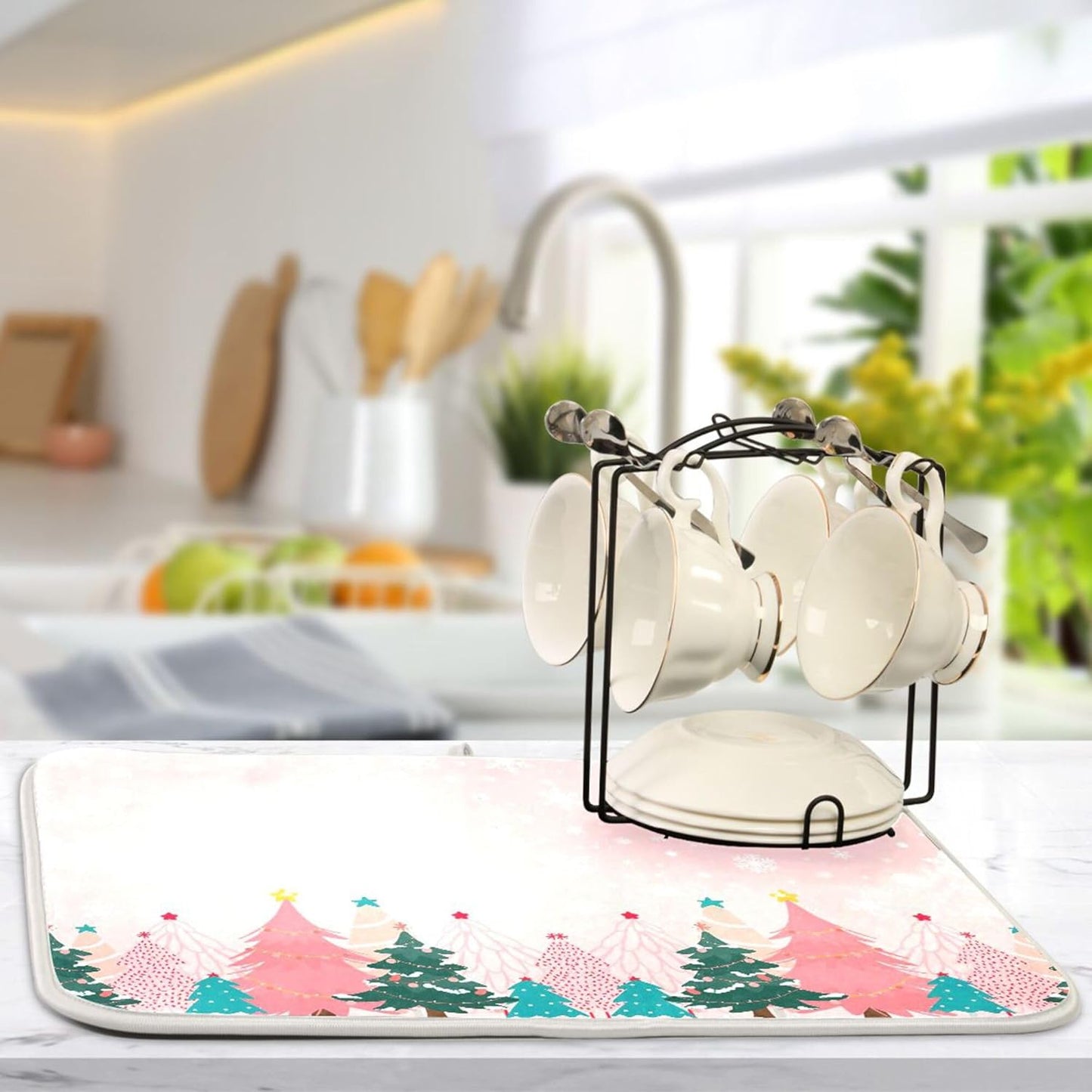 Christmas Tree Pink Dish Drying Mat for Kitchen Countertop 16x18 Winter Snowflake White Xmas Small Drying Mat Reusable Quick Dry Dish Sink Mats Easy Clean Decorative Essentials