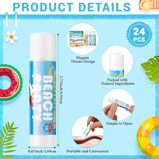 24 Pcs Sunscreen Lip Balms for Summer Beach Party SPF 30 Sunscreen Lip Balms Sticks Bulk Outdoor Travel Sunscreen Care Lip Balm for Thank You Gifts Summer Beach Wedding Party Supplies