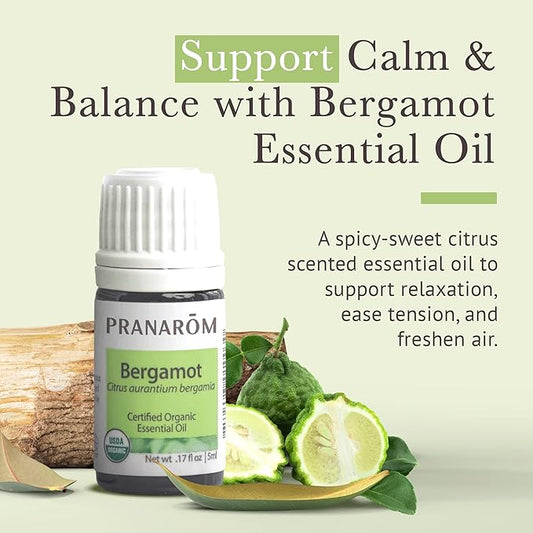 Pranarom USDA Certified Organic Bergamot Essential Oil (5ml), 100% Pure Undiluted Therapeutic Grade from Italy for Aromatherapy, Diffuser, Uplifting Scent, Immune Support, Relaxation, Sleep