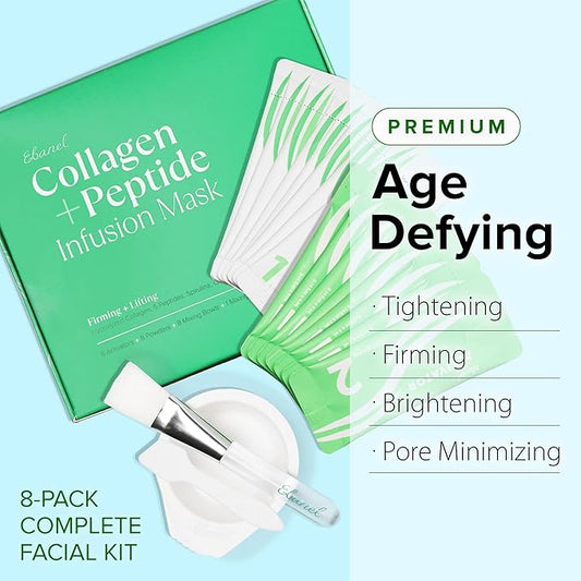 Ebanel Collagen Peptides Wash-Off Face Mask Set, 8 Pack Instant Skin Tightening and Lifting Masks, Brightening Face Mask with Niacinamide, Glutathione, Hyaluronic Acid, Vitamin C, Cica, B5, Albumen