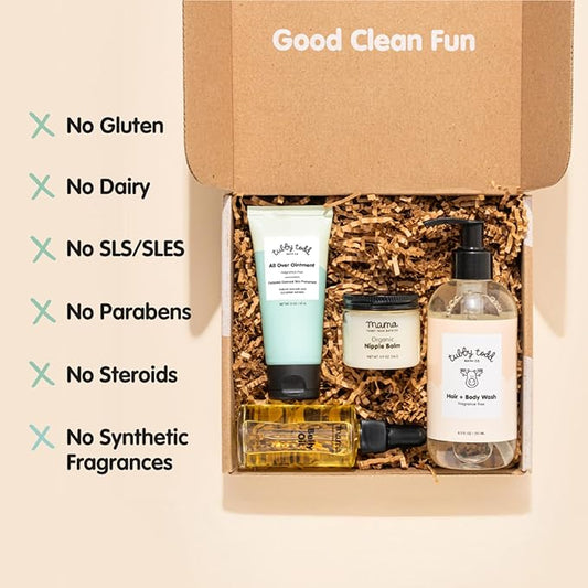 Tubby Todd New Baby & Mom Sensitive Skincare Kit - The Mama + Baby Gift Set - Baby Shampoo and Body Wash, All Over Ointment, Belly Oil & Nipple Balm - Standard Size Fragrance-Free