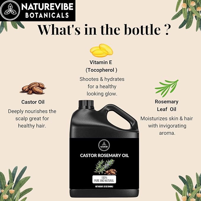 Naturevibe Botanicals Castor Rosemary Oil 32 Ounces | 100% Pure and Natural | Great for Skin Care and Hair Care