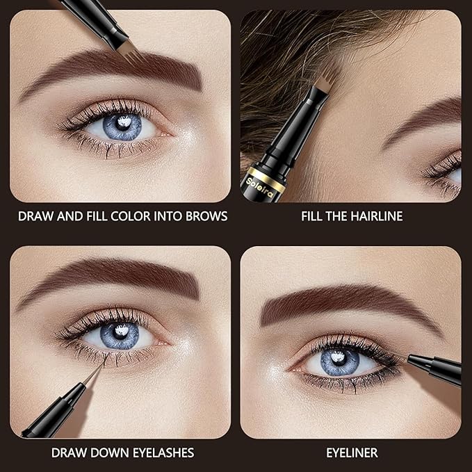 Eyebrow Pen, Soleira Waterproof Eyebrow Pencil with 4 Tip Microblading Eyebrow Pen and Dual-ended Eyebrow Brush, for Natural-Looking Brows, Long-Lasting, Black