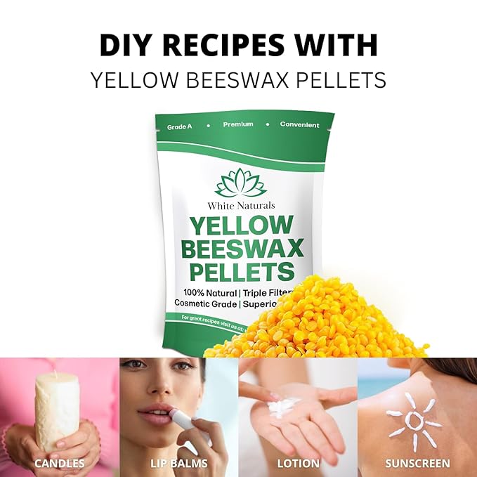 Yellow Beeswax Pellets 2lb (1lb in Each Bag), Pure, Natural, Cosmetic Grade, Organic, Bees Wax Pastilles, 3X Filtered, Great For Candle Making, Soaps, DIY Lip Balms, Lotions By White Naturals