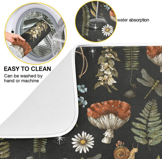 Mushroom Fern Leaves Berry Dish Drying Mat for Kitchen Counter Vintage Botanical Nature Drying Mats Super Absorbent Reversible Microfiber Kitchen Countertop Protector Dishes Pad Large18x24 inch