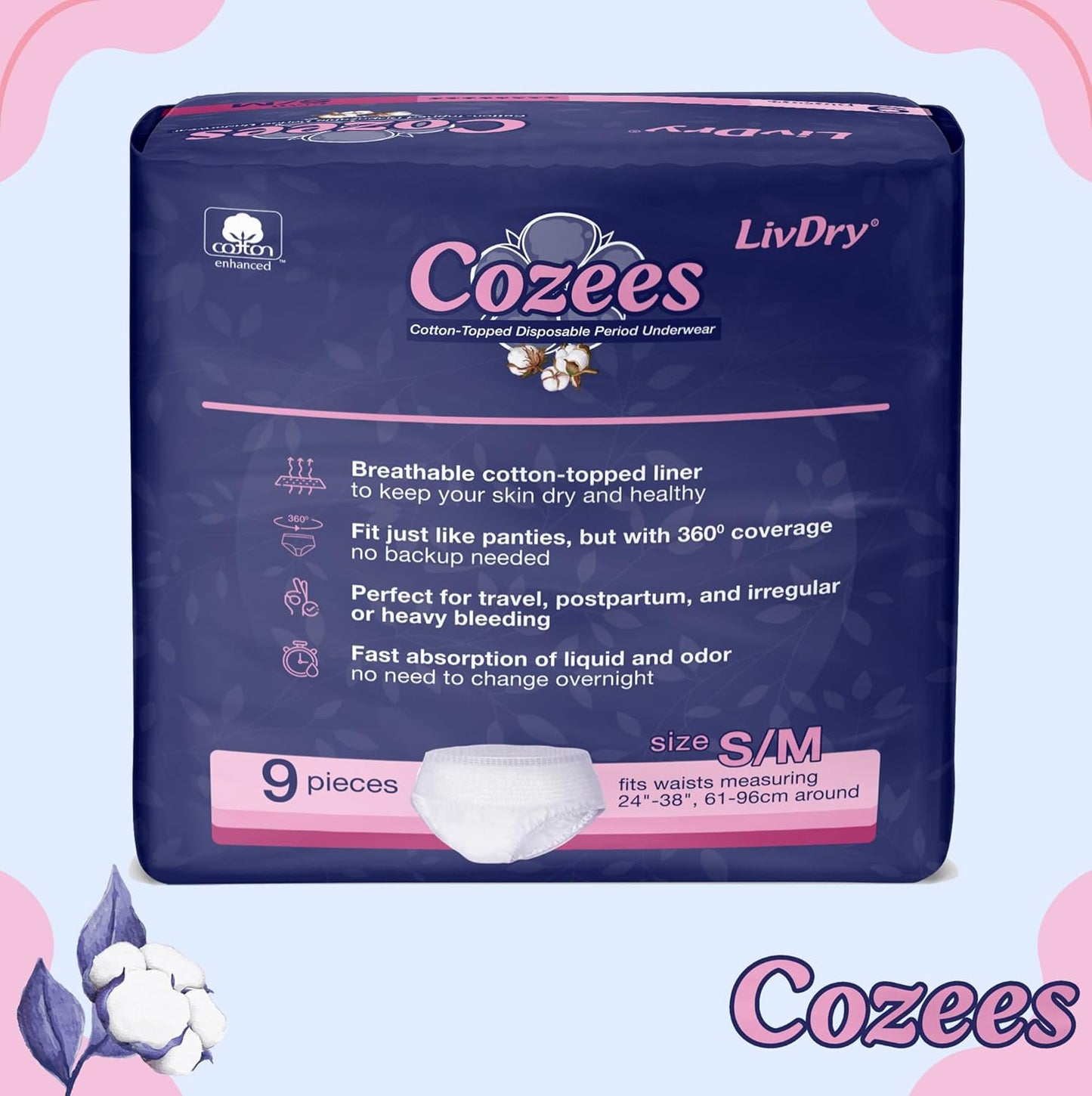 Cozees Disposable Period Underwear for Women, Menstrual and Postpartum High Absorbency, Cotton Covered Comfort, Made in USA (36 Count, Small/Medium)