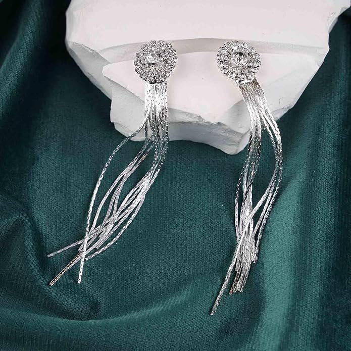 Vintage Crystal Chandelier Dangle Earrings Rhinestone Tassel Chain Earrings Wedding Chandelier Earrings Silver Full Cz Chain Earrings Jewelry for Women