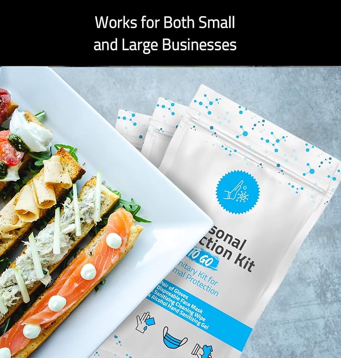 Personal Protection Kit TO GO, Mini 4 Item PPE Kit for travel and school | Includes 1 Each of Face Covering, Gloves, Cleansing Wipes & Hand Cleansing Gel | 10 - Pack (Light Blue)