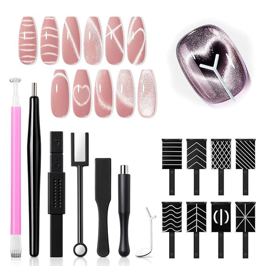 modelones Cat Eye Magnetic for Nails,15PCS Cat Eye Gel Nail Polish Magnet Tools Powerful Set Wand Magnet Summer Nail Polish Square Round Magnet Stick Diverse Glassy Cateye Effect
