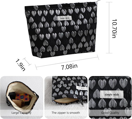 Wudygirl Cute Makeup Bag Cosmetic Bag Travel Cosmetic Pouch for Women Aesthetic Canvas Make up Organizer with Zipper Large Capacity Handbag Pencil Pouch (Black Heart)