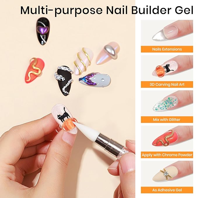 MIZHSE Solid Builder Gel - 1 oz Clear Non Stick Hand Hard Gel with 6 Colors Chrome Nail Powder and Nail Form Extension Kit for Salon and Home DIY