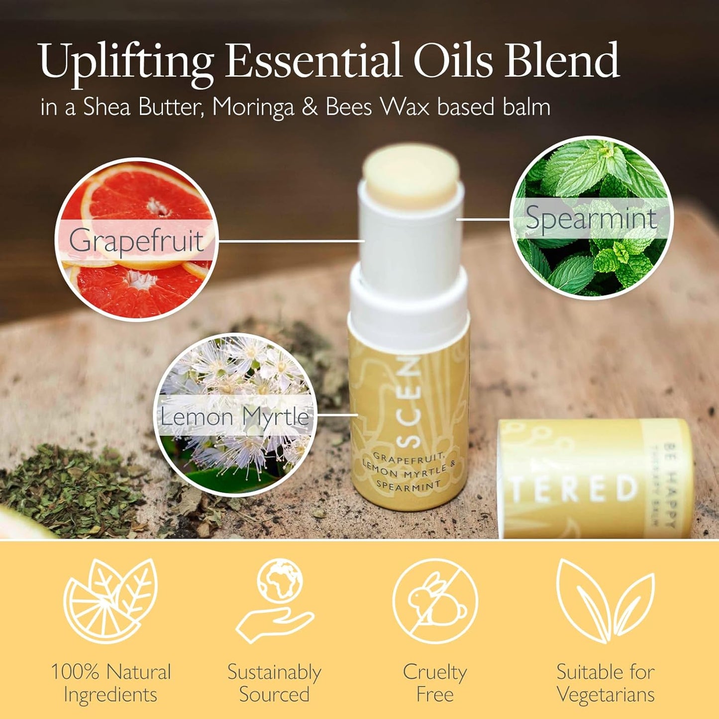 Scentered Aromatherapy Balm Stick - Happy - Mood Boost Roll On Essential Oils Blend for Positive Thinking - 100% Natural: Grapefruit, Cedarwood, Lemon Myrtle Essential Oil - Positive Gifts for Women