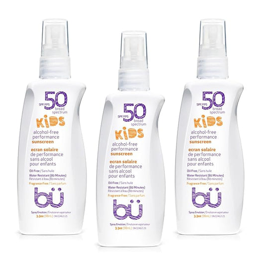 BU SPF 50 Fragrance Free Kids Sunscreen Spray for Face and Body, TSA Travel Size Sunscreen, Clear Non Aeorsol Spray, Non Greasy, Water Resistant and Oil Free, 3.3 oz (3-pack)