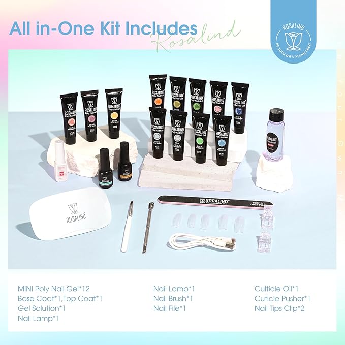 ROSALIND 12PCS Poly Nail Gel Kit with Mini Nail Lamp Nude Brown Cherry Pink Poly Extension Gel Kits