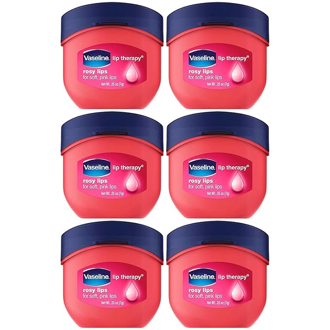 Vaseline Lip Therapy Rosy Lips Mini, Pure Petroleum Jelly, Advanced Moisture, Light Rose Fragrance, Sheer Pink Tint on Lips, Mini Vaseline Petroleum Jelly, Soft Vaseline Lips (Pack of 6-0.25 Oz Ea)