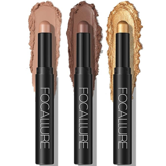 FOCALLURE 3PCS Cream Matte and Shimmer Eye Brightener Stick,Light to Dark Orange Eyeshadow Pencil,Long Lasting Eye Shadow Highlighter Stick Makeup,Gold Rush