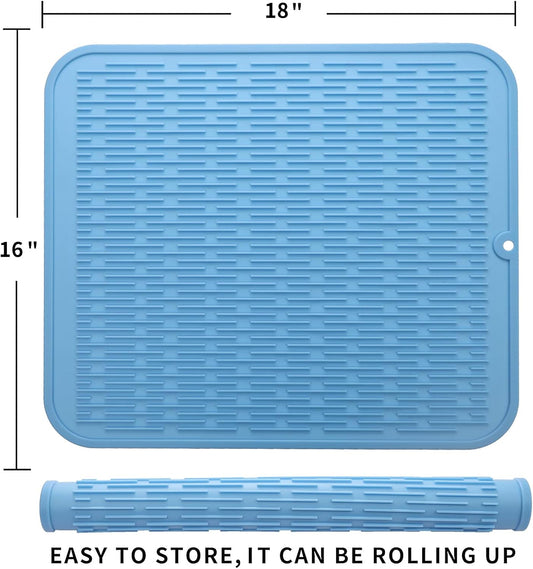 Silicone Dish Drying Mat for Multiple Usage,Easy clean,Eco-friendly,Heat-resistant Silicone Mat for Kitchen Counter or Sink,Refrigerator or Drawer Liner Light Blue XL 18 inches x 16 inches