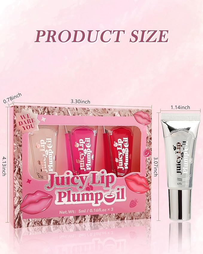 Plumping Lip Oil Kit-3Pcs Hydrating Glossier Tinted Lip Gloss,Long Lasting Lip Plumper and Pout Booster LIpgloss, Moisturizing Non-Sticky Natural Fuller Lip Tint Stain, Makeup Gift for Women-Set A