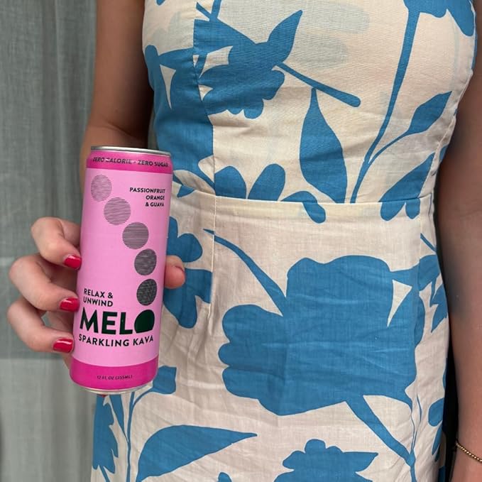 Melo Sparkling Kava Drink, Passionfruit, Orange & Guava, Sugar Free Non Alcoholic Drinks with Zero Calories, Gluten Free, Vegan, 100% Natural Mocktail with 750mg Kava Root per Drink, 12 Pack, 12 oz Cans