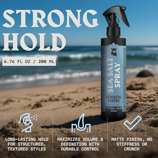 Striking Viking Sea Salt Spray for Men - Strong Hold - 200ml (6.76 Fl Oz) Blue Ocean - Texturizing, Volumizing & Curl Enhancing - Paraben Free - Sea Salt Spray for Hair Women