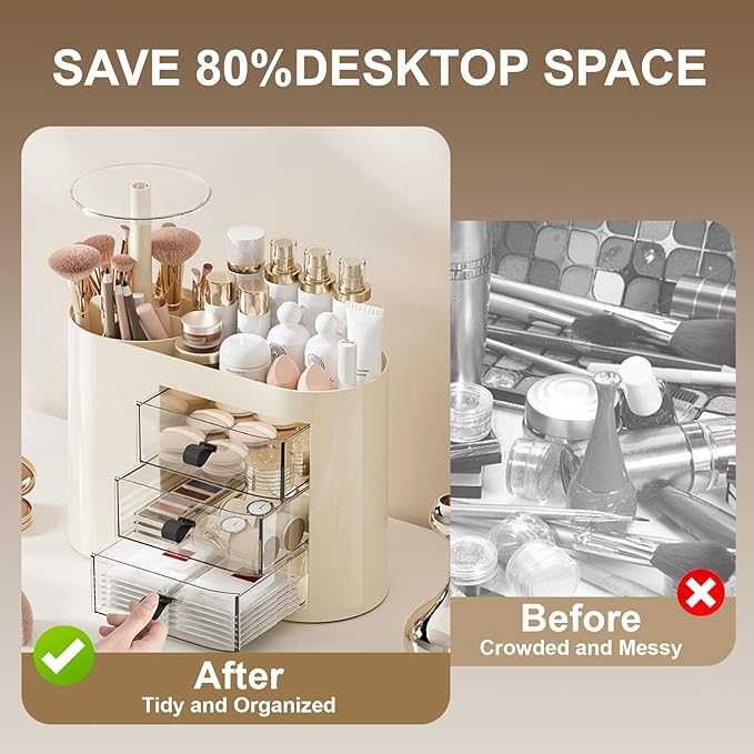 DASITON Makeup Organizer with 3 Drawers,Automatic Lifting Makeup Brush Holder with Lid,Large Capacity Makeup Organizers for Vanity,Bathroom Countertop,Ideal Storage Skin Care,Brushes,Lipstick (Cream)